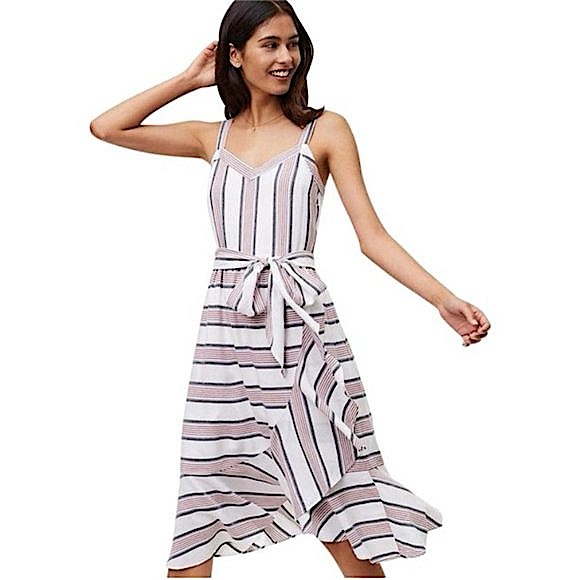 LOFT White Blue Red Striped Ruffle Wrap Midi Dress - Picture 1 of 10